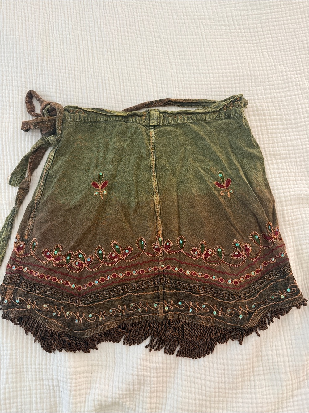 Fairy Olive Green Mini Wrap Skirt with Fringe by Shoreline